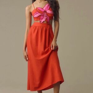 Farm Rio Floral Bodice Linen A-Line Midi Dress size Medium